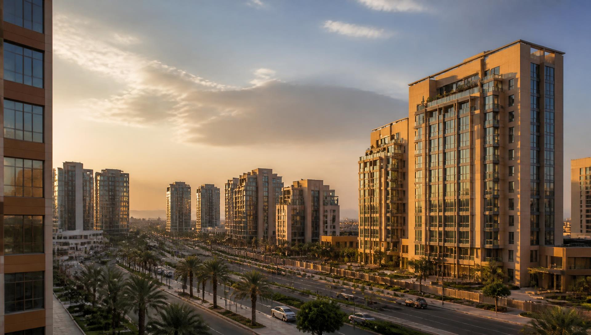 Modern Madinah cityscape at golden hour — demonstration imagery